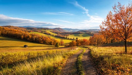 autumn landscape in the countryside with orange trees and blue sky