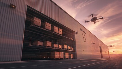 Hovering quadcopter drone flying near warehouse wall at dusk, pallet racks tarmac apron, copy space