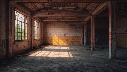 Revealing industrial hall in warehouse exposing cracked floor rusted arched windows, with columns