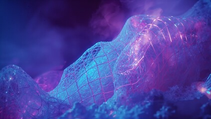 Illuminating mesh head-torso sculpture lying on crystals in virtual space, in blue purple haze