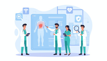 Medical professionals in lab coats meticulously reviewing patient data on a large digital screen displaying a human anatomy scan, symbolizing careful diagnosis and advanced healthcare technology in a