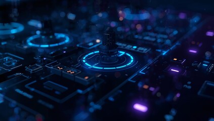 Pulsing central control knob glowing neon-blue ring on sci-fi console, with amber and violet LEDs