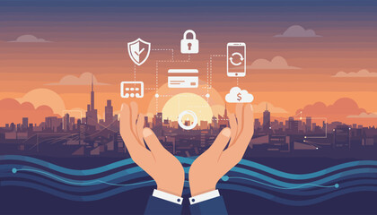 Hands cradling a network of digital payment and security icons against a vibrant cityscape sunset, symbolizing financial technology, online transactions, data protection, and secure mobile banking