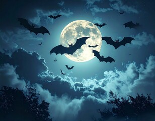 Ciel nocturne avec chauves-souris et lune – ambiance mystique d’Halloween