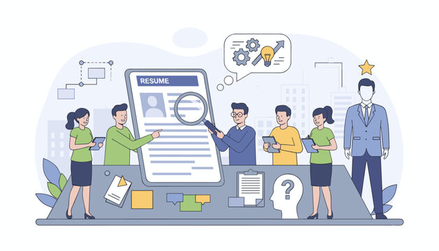 Diverse team of professionals meticulously reviewing candidate resumes on a large screen, using magnifying glass for detailed analysis, symbolizing recruitment process, talent acquisition, and job