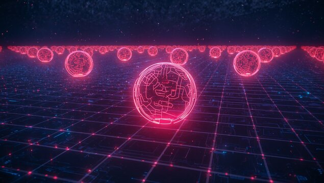 Hovering central neon pink sphere glowing over grid plane under starfield, showing circuit motif