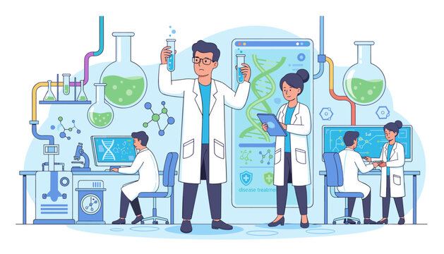 Diverse team of scientists in a modern laboratory conducting research with test tubes, microscopes, computers displaying DNA and molecular structures, and advanced equipment, symbolizing scientific