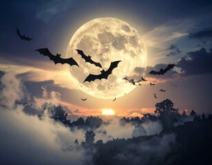 Ciel nocturne avec chauves-souris et lune – ambiance mystique d’Halloween
