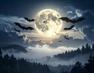 Ciel nocturne avec chauves-souris et lune – ambiance mystique d’Halloween