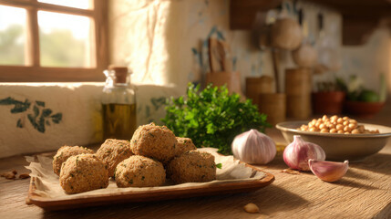 Freshly Made Falafel on a Wooden Tray in a Cozy Kitchen Scene with Natural Light and Culinary Ingredients