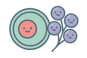 Cute stylized biological cell structure and happy purple berries on a stem