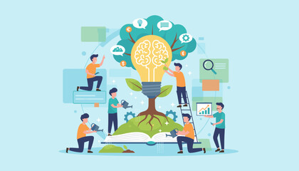 Vibrant vector illustration depicting a team of people collaborating to nurture and grow innovative ideas, symbolized by a glowing lightbulb tree sprouting from an open book, representing knowledge