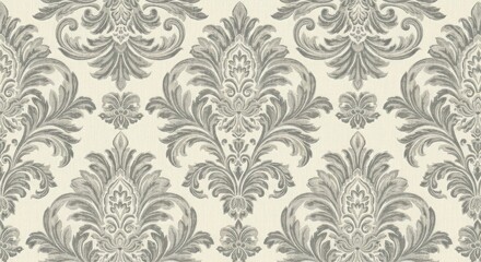 Close-up of a damask patterned wallpaper with gray floral designs on a cream background.