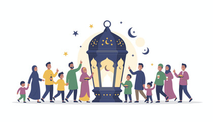 A diverse group of Muslim families, including adults and children, joyfully gather around a large, ornate Fanoos lantern, celebrating Ramadan or Eid al-Fitr with traditional attire and festive
