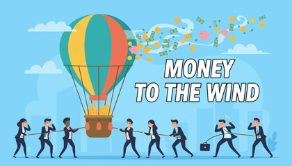 Conceptual illustration of a diverse team of business professionals working together, pulling a hot air balloon filled with money and piggy banks, symbolizing financial growth and collaborative