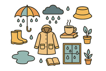 Essential items set for a rainy day: yellow raincoat, umbrella, rubber boots, and steaming cup