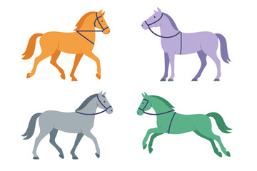 Set of four colorful stylized horses walking and running in different directions