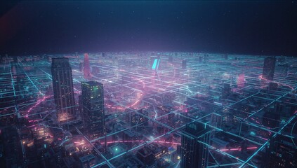 Illuminating futuristic skyline shimmering at night, with neon-blue and pink grid overlay