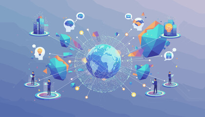 Global network of interconnected business concepts, featuring a digital earth surrounded by abstract geometric shapes, AI brains, lightbulbs representing ideas, and people interacting with