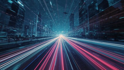 Obraz premium Racing neon light trails zooming along futuristic highway at night, with glowing tower windows