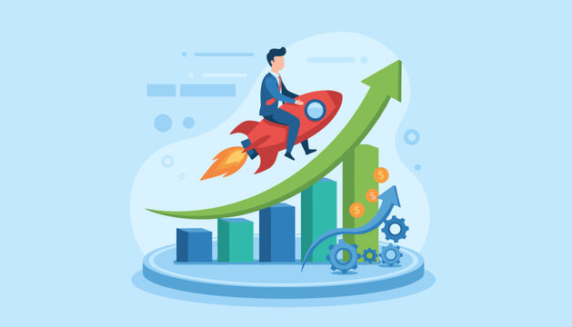 Conceptual illustration of business growth and investment success, featuring a businessman riding a rocket ascending a vibrant green arrow graph, symbolizing profit increase and financial upward