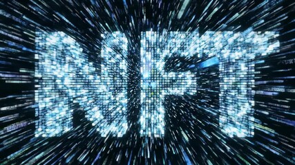 Digital animation of NFT text emerging from blue particle burst. Crypto concept with sparkling assembly effects. Blockchain visualization footage - Powered by Adobe