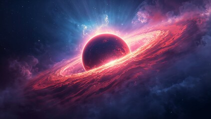 Revealing dark planet encircled by glowing red-pink ring in cosmic nebula, energy beams shining