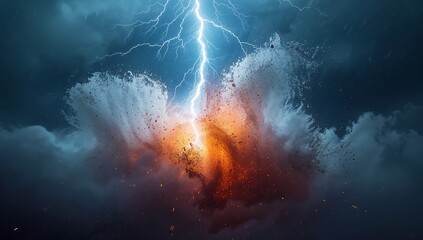 Lightning bolt striking dense dark clouds in sky, with fiery plume of embers, mist and particles