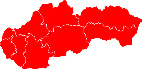 Obraz premium Red vector political map of Slovakia national outline with all 8 regions (kraje) internal boundaries, filled with a solid red color, presented as a map of the Central European country.
