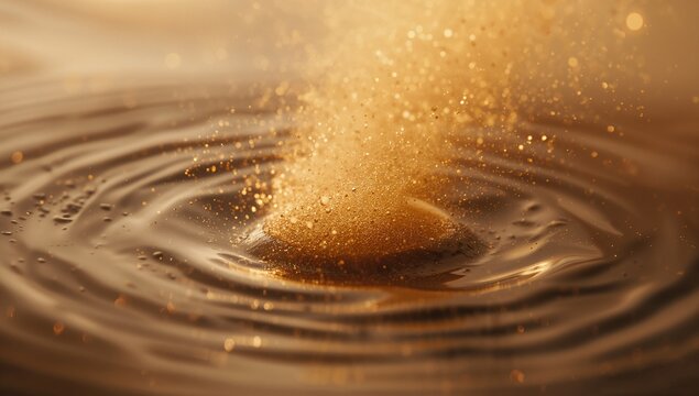 Shimmering golden particles cascading into dark liquid surface in macro scene, creating ripples - Powered by Adobe