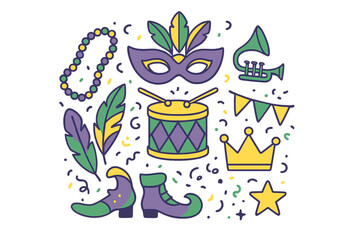 Traditional Mardi Gras celebration symbols arranged in a festive pattern including mask, beads, drum, and crown