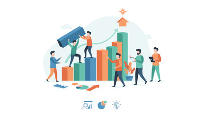 Creative illustration of business graphics, showing a team collaborating to build a rising bar chart, symbolizing growth, success, and teamwork, with icons for analytics, strategy, and innovation at