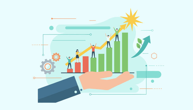Vibrant flat illustration of a hand supporting a rising business graph with diverse people celebrating success, symbolizing growth, achievement, and company improvement with gears and abstract