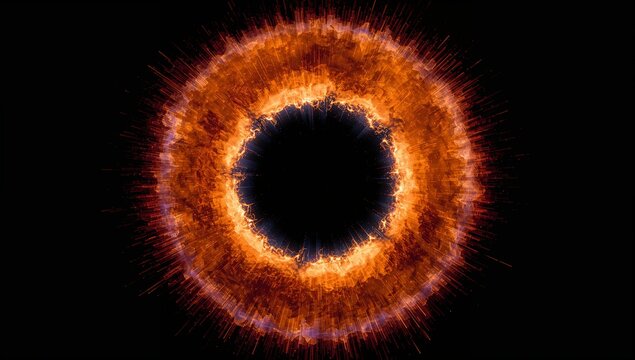 Radiating fiery energy ring glowing against black void, with flame-like bursts surrounding vortex