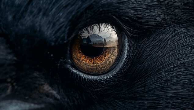 Revealing black fur animal featuring amber eye reflecting misty mountain lake scene in forest - Powered by Adobe