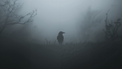 Standing solitary dark-feathered crow atop misty moorland ridge, with bare branches and low grass