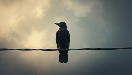 Perching solitary black crow facing left on slender wire at dusk, with dramatic cloudy sky