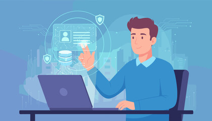Man interacting with a futuristic digital identification interface, displaying personal data, database icons, and security shields, representing concepts of digital identity, cybersecurity, and data