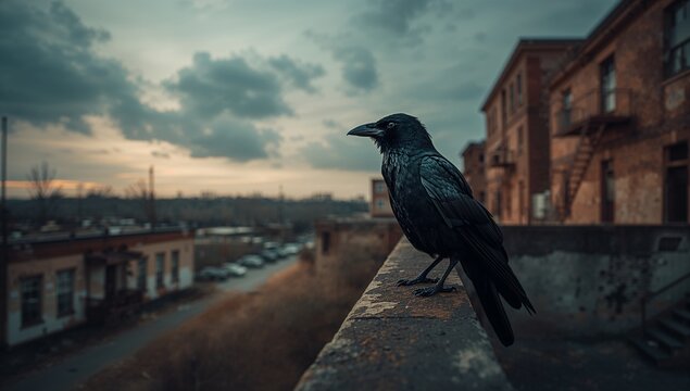 Perching glossy black crow watching warehouses from concrete ledge by brick fire escape, copy space