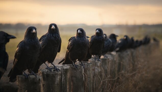 Perching ravens on weathered fence posts at sunset, creating long shadows across grassy field - Powered by Adobe