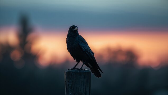 Perching black crow sitting upright on wooden fence post at field edge, with sunset sky
