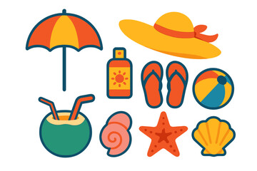Collection of summer beach essentials including sun hat, sunscreen, flip flops, and tropical drink
