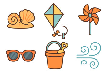 Summer beach vacation items including seashells, kite, pinwheel, sunglasses, and sand toys