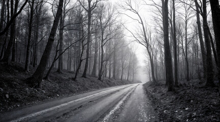 Misty Road Through a Bare Winter Forest