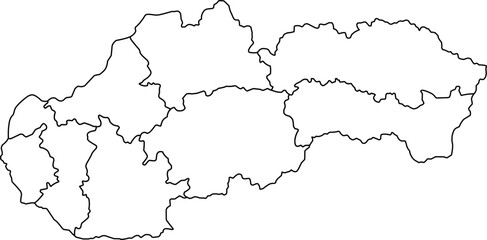 Vector political map of Slovakia national outline with all 8 regions (kraje) internal boundaries and administrative divisions, presented as a blank template map of the Central European country.