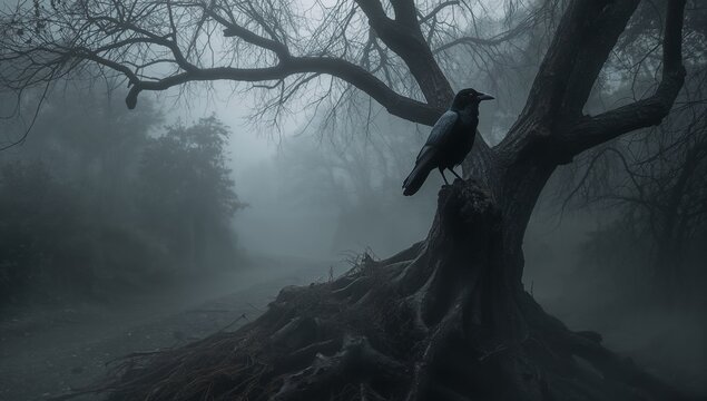 Perching black crow on gnarled roots and trunk in dense fog forest, with winding dirt path