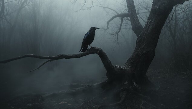Perching solitary crow gripping horizontal gnarled branch in misty forest, with fog and damp leaves - Powered by Adobe