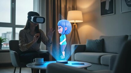 Woman using VR headset to summon and interact with holographic animated girl in living room. Virtual reality hologram projection sequence showing digital companion appearance and engagement animation.