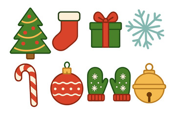 Traditional Christmas and winter holiday symbols set featuring tree, stocking, gift box, snowflake, and ornaments