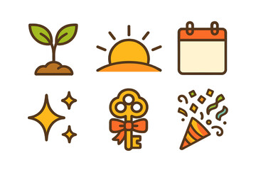 Collection of colorful icons representing growth, time, success, and celebration symbols